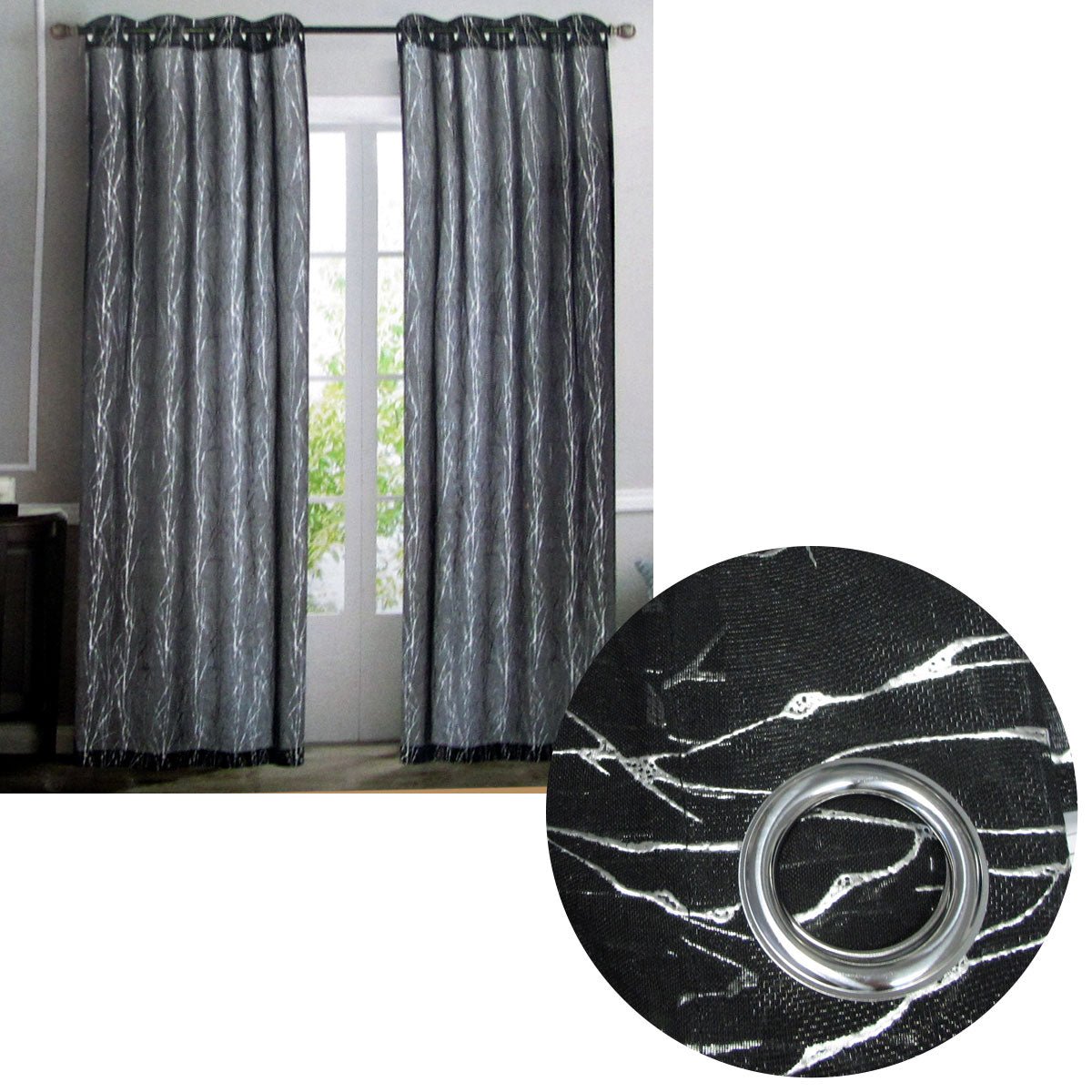 Pair of Sheer Eyelet Curtains Black with Silver Foils 137 x 213 cm - NuSea